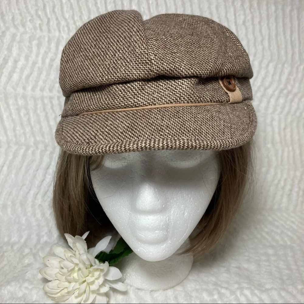 D&Y Newsboy Cap Brown Tweed Button Metallic Thread - Picture 1 of 16